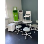 Collection of tables, office chairs, recycling bins etc.