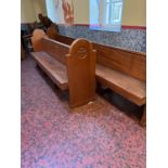Two large mahogany pews and two smaller mahogany pews graduated in size {370 cm W x 100 H x 53 D}