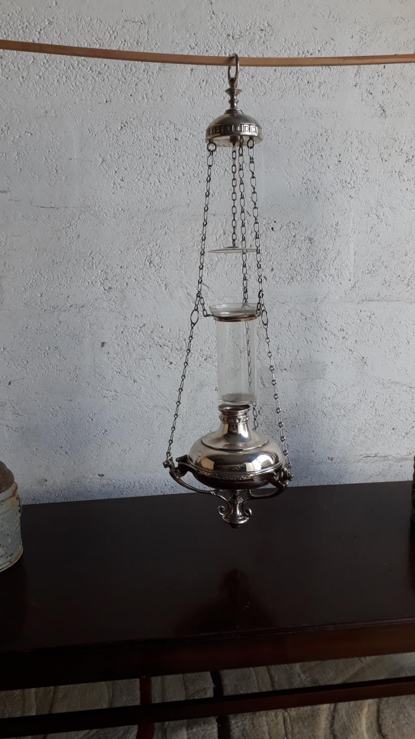 Decorative silver plated sanctuary lamp complete with glass holder {101 cm H}