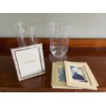 Pair of tall circular vases, baskerville and sanders frame, and 5 framed photographs, sailing
