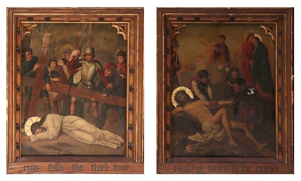 Four Stations of the Cross oil on metal mounted on Gothic design frames {42 cm W x 50 cm H}.