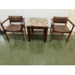 Pair of vintage armchairs and marble top table {TABLE 60 cm W x 60 cm H x 60 cm D}.