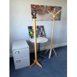 Selection of coat hangers, filing cabinet and various art pieces