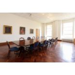 Very fine Regency mahogany five pillar dining table, with rounded corners complete with seven