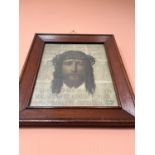 Oil on panel of Jesus and his crown of thorns, in oak frame, signed {37 cm W x 42 cm H}