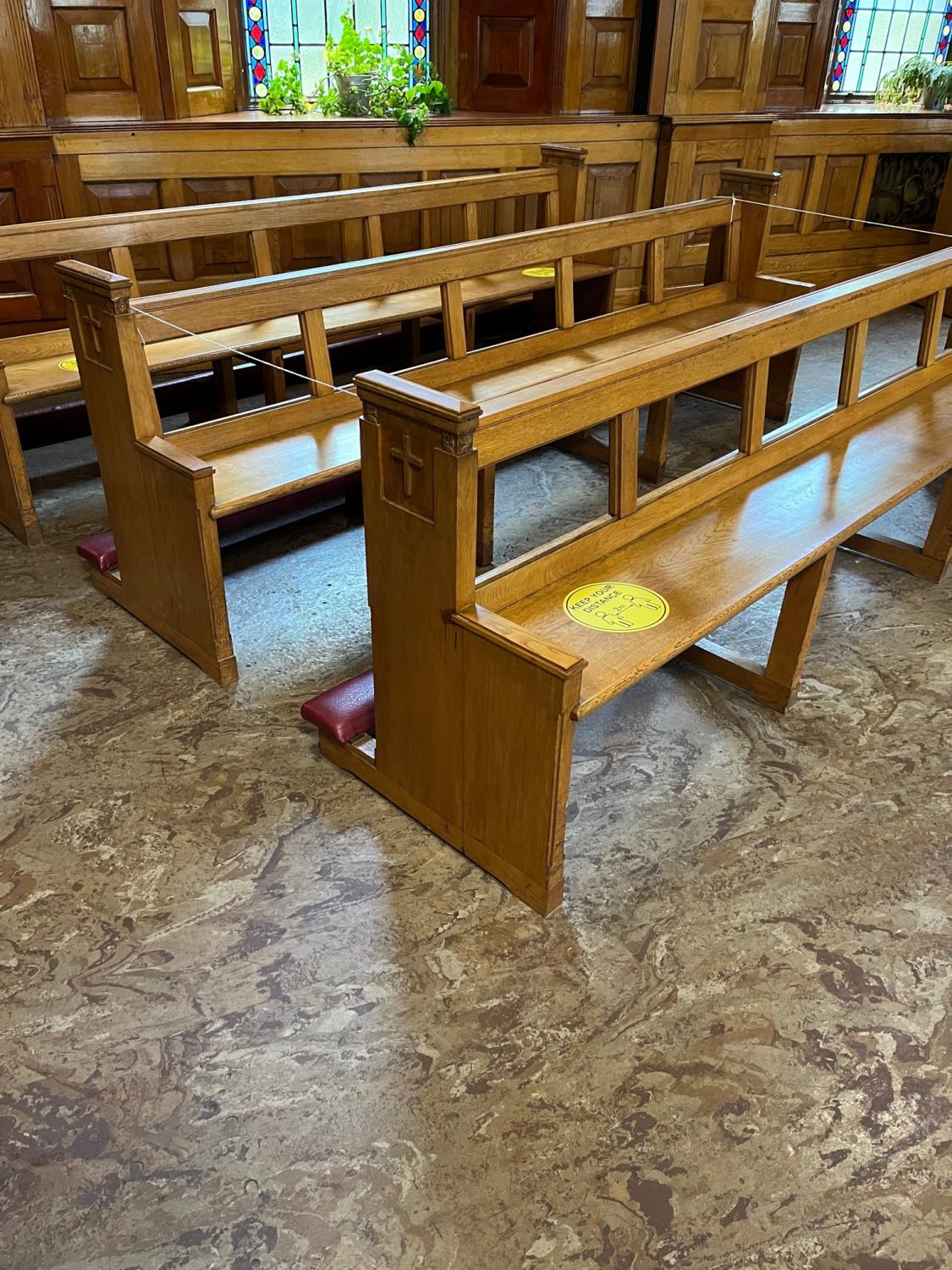 Set of three oak pews with kneelers {276 cm W x 90 cm H x 68 cm D}