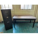 Vintage metal-based table and filing cabinet {Table - 152 cm W x 76 cm H 77 cm D}.