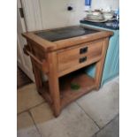 Modern ash butcher's block with inset marble top over a single drawer in the frieze raised on square