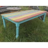 Painted pine kitchen table raised on turned legs { 77cm H X 239cm L X 115cm W }.