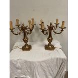 Pair of decorative four branch brass candelabra { 43cm H }.