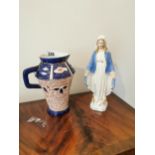 19th. C. water jug { 24cm H } and a ceramic statue of The Virgin Mary { 21cm H }