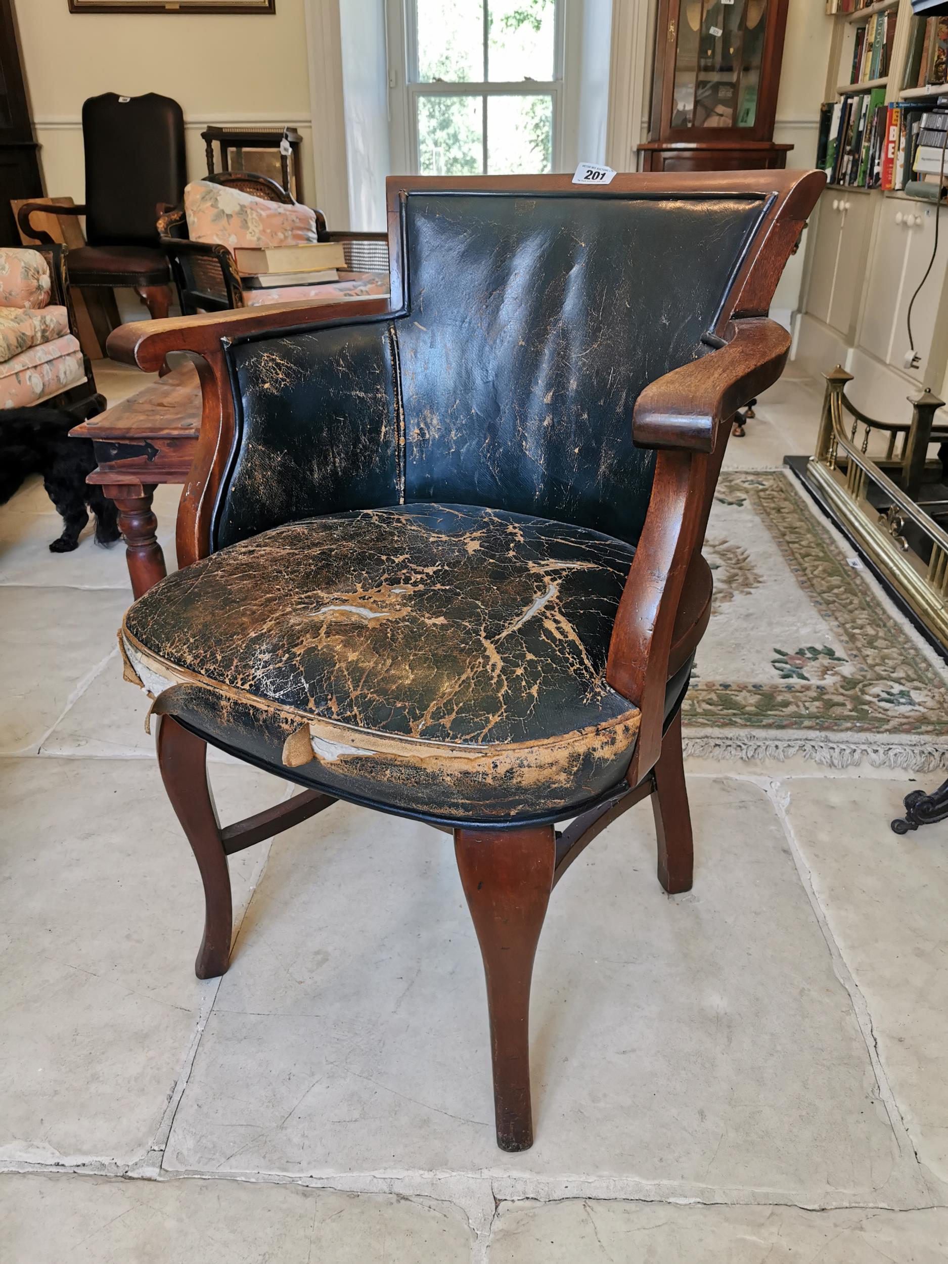 19th. C. mahogany and distressed leather upholstered desk chair raised on four out swept legs { 83cm - Image 2 of 6