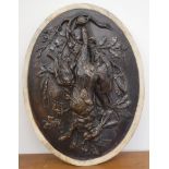 Bronze and marble oval wall plaque depicting game. {45 cm H x 32 cm W}.