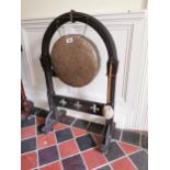 19th. C. oak and brass dinner gong complete with beater, in the Gothic manner { 102cm H X 63cm W X