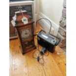 Electric hardwood mantle clock { 50cm H X 19cm W X 12cm D } and a Roberts electric transistor
