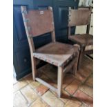 Pair of Arts and Crafts beech side chairs with brass studded leather upholstery { 90cm H X 46cm W