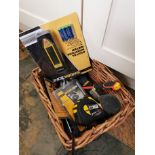 Collection of Work Zone Tools etc - Digital Moisture Meter, Tape Measure, Stove Pipe Thermometer and