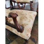 William IV upholstered mahogany open armchair raised on cabriole legs { 96cm H X 65cm W X 66cm D }.