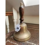 Brass school bell with wooden handle { 25cm H X 15cm Dia }.