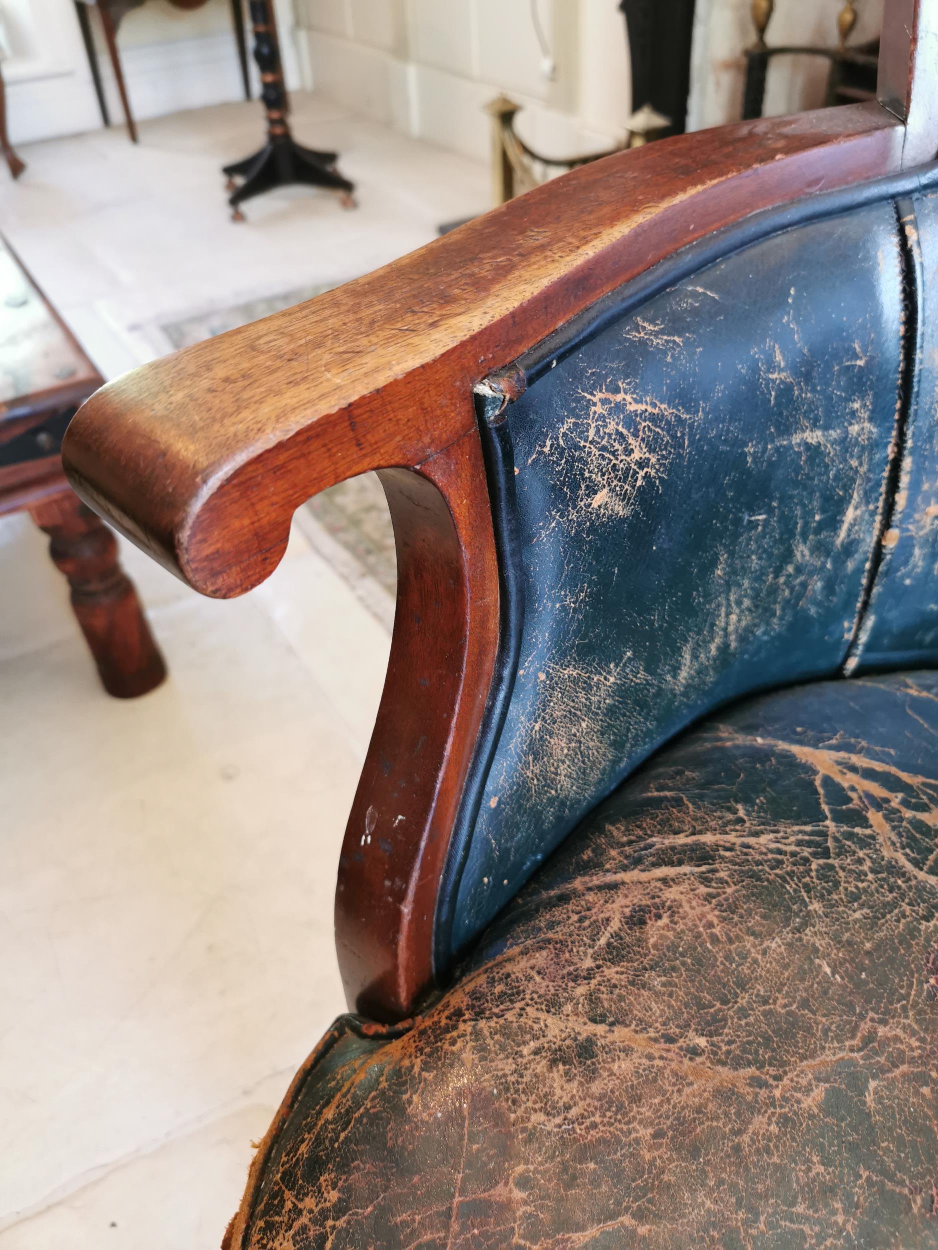 19th. C. mahogany and distressed leather upholstered desk chair raised on four out swept legs { 83cm - Image 6 of 6