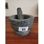 Limestone pestle and mortar { 10cm H X 15cm Dia }.