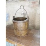 Pine metal bound bucket { 37cm H X 30cm Dia }.