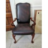 Pair of leather upholstered mahogany open armchairs in the Gainsborough style { 112cm H X 63cm W X