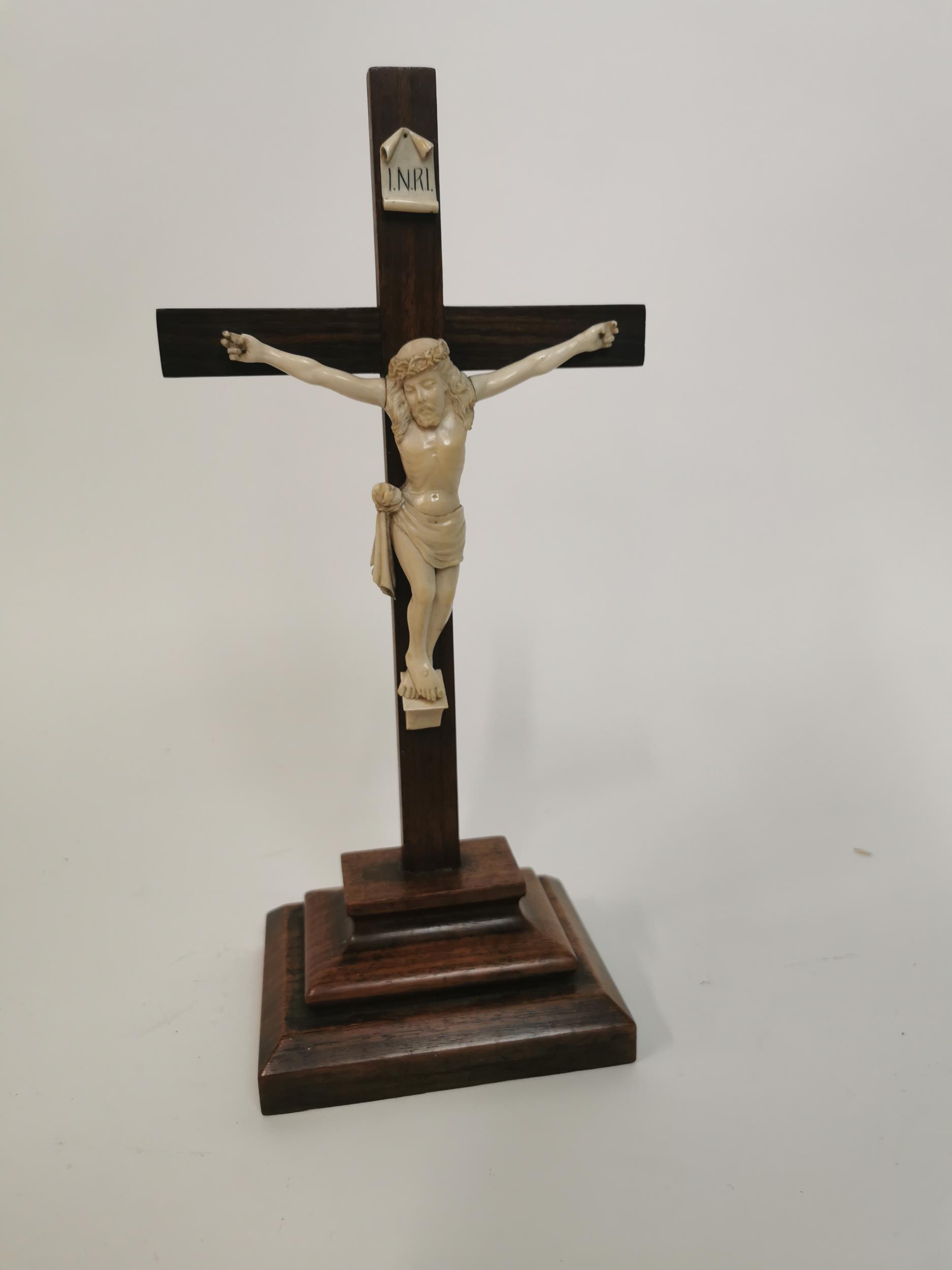 Carved oak and Ivory Crucifix. {34 cm H x 17 cm W x 11 cm D}. - Image 2 of 6
