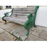 Decorative cast iron garden seat with wooden slats { needs restoration } { 74cm H X 142cm W X 82cm D