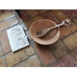 Serenity plaque { 25cm H X 16cm W } and wooden salad bowl { 10cm H X 27cm Dia } with servers