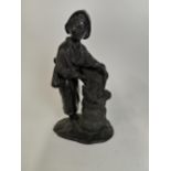 Bronze Meiji period figure of Japanese Lady with basket signed on base {30cm H x 18cm W x 15cm D}.