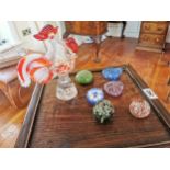 Six glass paper weights { one paper weight damaged } and a Murano glass model of a rooster { 21cm