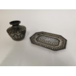 Cairoware inlaid brass Seminar vase and tray. Tray {24 cm W x 17 cm D} and Vase {13 cm H x 13 cm
