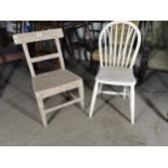 19th. C. ash carpenter's chair { 80cm H X 48cm W X 38cm D } and a painted Windsor kitchen chair {