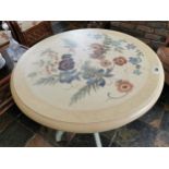 Decorative painted centre table raised on turned column and three outswept legs { 77cm H X 71cm