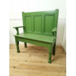 Painted pine hall bench with panelled back on turned legs. {120 cm H x 121 cm W x 44 cm D}.