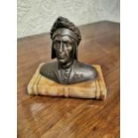 Spelter bust of Dante mounted on onyx base { 9cm H X 12cm W X 7cm D }.