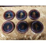 Set of six 18th. C. transfer on glass miniatures mounted in mahogany frames