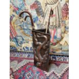 Art Nouveau beaten copper stick stand with four walking sticks, three silver feral. { 60cm H X