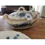 Two 19th. C. ceramic Pountney & Co Ltd lidded tureens on stands and four matching plates