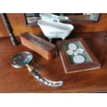 Misc. lot - framed set of plaques, ceramic model of a bath, magnifying glass, hardwood storage box