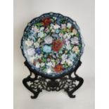 Chinese cloisonné charger on stand from Republic period. {70 cm H x 52 cm W x 30 cm D}.