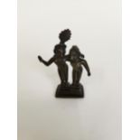 Small bronze pair of Oriental figures. {9 cm H x 4 cm W x 2 cm D}.