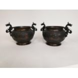 Pair of bronze Japanese Meiji period vases with Dragon handles. {13 cm H x 26 cm Dia}.