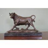 Bronze model of a prize winning Bull on marble base. {14 cm H x 22 cm W x 10 cm D}.