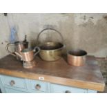 19th. C. brass preserving pan, copper jug, saucepan, teapot and flower holder.