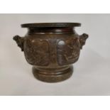 Rare antique bronze Japanese/Chinese jardiniere decorated with Lion handles. {31 Cm H x 44 cm Dia}.