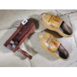 Football rattle and pair of wooden clogs