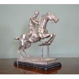 Silver plate model of horse and jockey on marble base signed Bonheur. {40 cm H x 40 cm W x 15 cm