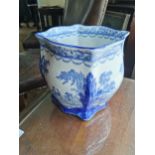 20th. C. blue and white ceramic jardiniere { 24cm H X 26cm Dia }